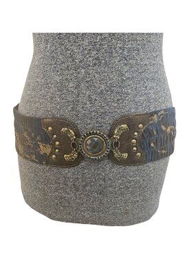 Stretch Waist Belt Art Deco Blue Rhinestone Wide Elastic Statement Gold Accents